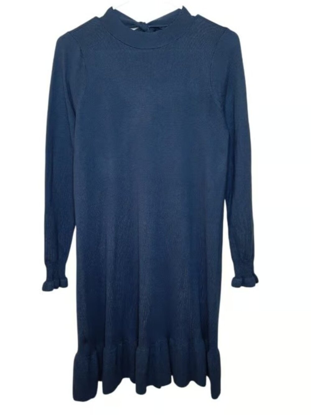 LOFT Knit Dress Teal Women Petite Size PS Ruffle Trim Back Bow Wool Blend